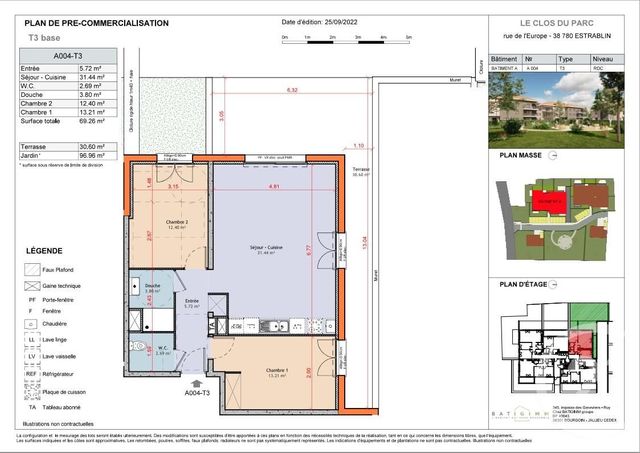 Appartement à vendre - 3 pièces - 69,31 m2 - Estrablin - 38 - RHONE-ALPES