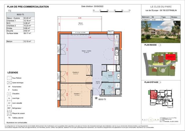 Appartement à vendre - 3 pièces - 69,21 m2 - Estrablin - 38 - RHONE-ALPES