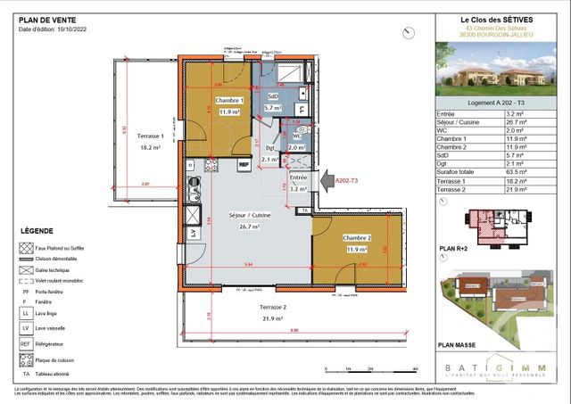 Appartement à vendre - 3 pièces - 63,50 m2 - Bourgoin Jallieu - 38 - RHONE-ALPES