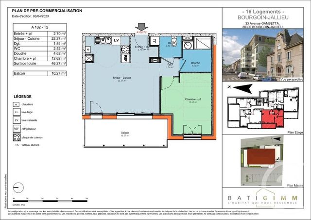 Appartement T2 à vendre - 2 pièces - 46,27 m2 - Bourgoin Jallieu - 38 - RHONE-ALPES