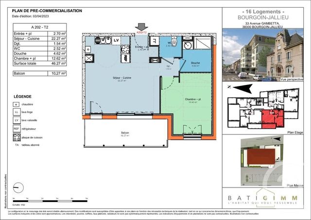 Appartement T2 à vendre - 2 pièces - 46,27 m2 - Bourgoin Jallieu - 38 - RHONE-ALPES
