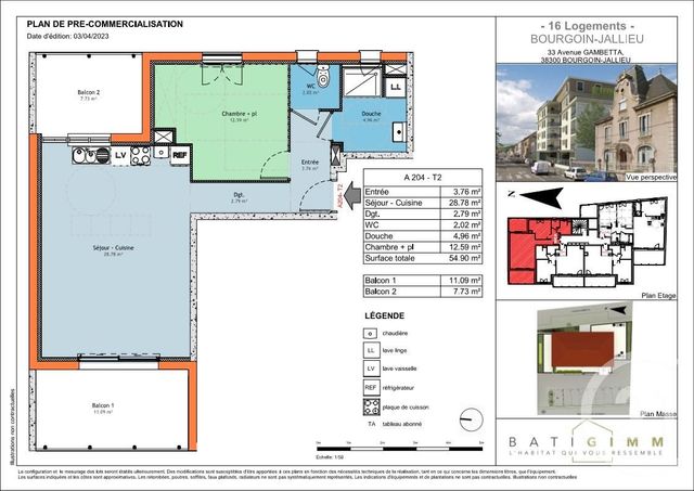 Appartement T2 à vendre - 2 pièces - 54,90 m2 - Bourgoin Jallieu - 38 - RHONE-ALPES