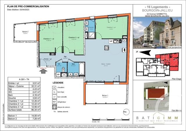 Appartement T4 à vendre - 4 pièces - 86,34 m2 - Bourgoin Jallieu - 38 - RHONE-ALPES
