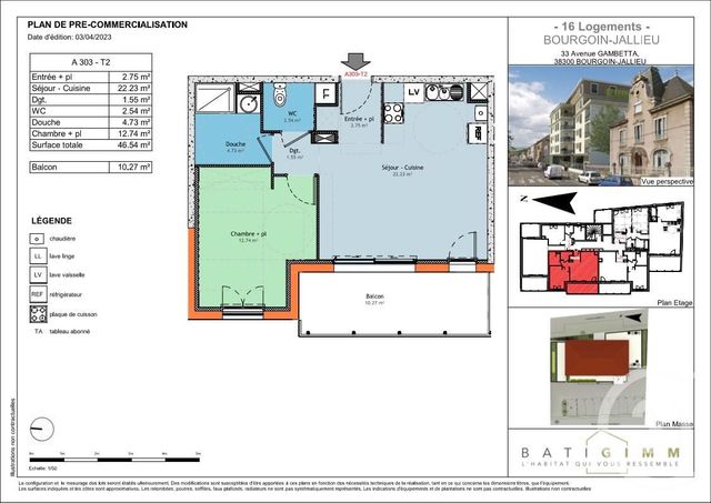 Appartement T2 à vendre - 2 pièces - 46,54 m2 - Bourgoin Jallieu - 38 - RHONE-ALPES