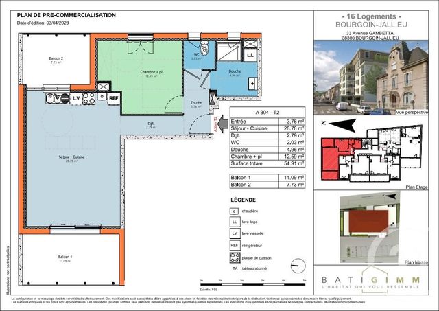 Appartement T2 à vendre - 2 pièces - 54,91 m2 - Bourgoin Jallieu - 38 - RHONE-ALPES