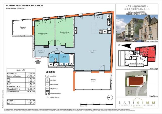 Appartement T3 à vendre - 3 pièces - 86,80 m2 - Bourgoin Jallieu - 38 - RHONE-ALPES