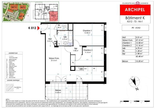 Appartement T3 &agrave; vendre - 3 pi&egrave;ces - 65,48 m2 - La Verpilliere - 38 - RHONE-ALPES